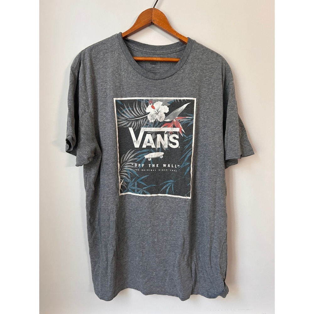 Vans Off The Wall Mens Large Gray Tropical Floral Graphic T-Shirt Custom Fit